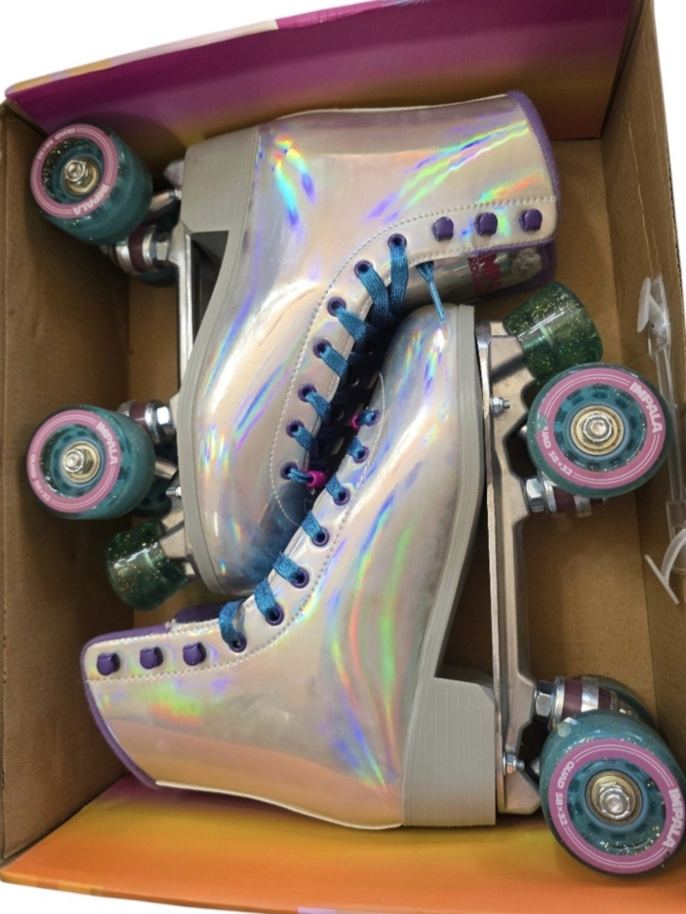 Impala Holographic Roller Skates with Teal & Pink Wheels Sz 8